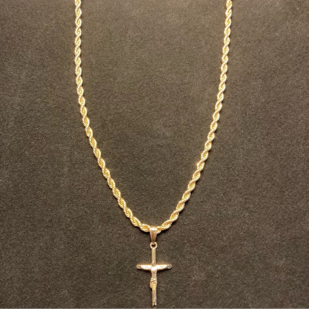 Gold Chain Rope Chain Necklace 4mm With Gold Cross Crucifix Pendant Set